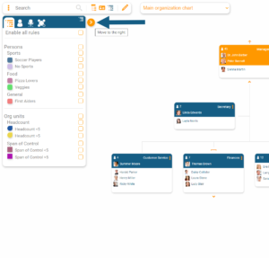 The interactive legend can be displayed on the left or right side of the org chart